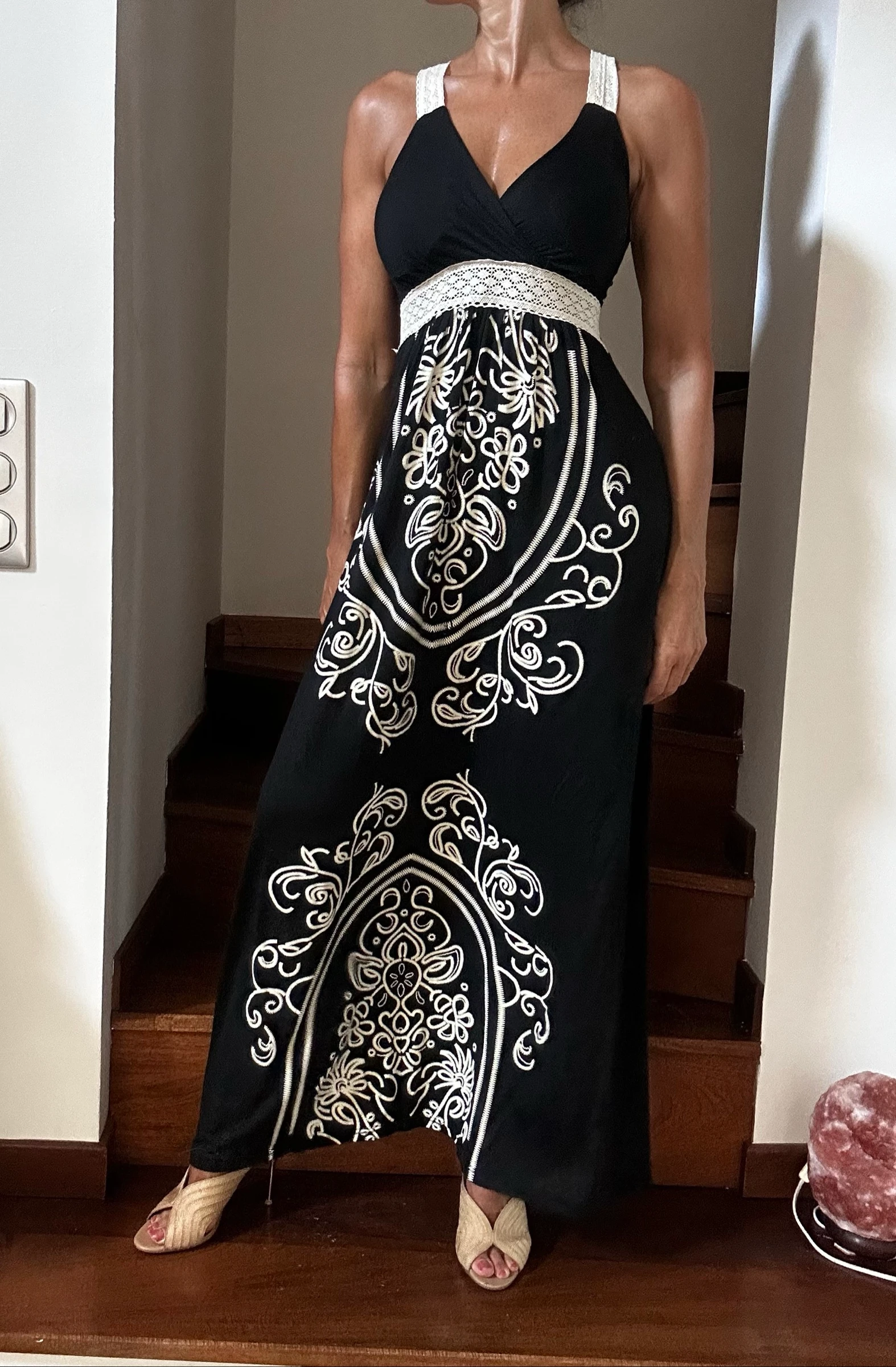 Robe longue bohème noire & écrue – Taille S/M